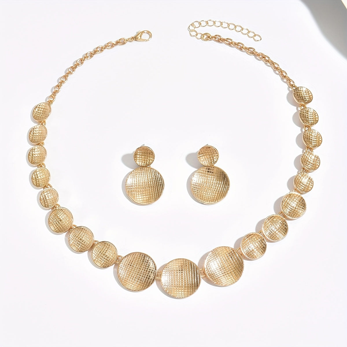 1 Conjunto de Joias Femininas Modernas: Colar de Contas Redondas com Textura Xadrez Metálica e Brincos Pingentes Simples com Peças Redondas Xadrez Concavas