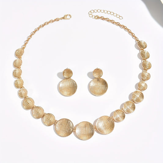 1 Conjunto de Joias Femininas Modernas: Colar de Contas Redondas com Textura Xadrez Metálica e Brincos Pingentes Simples com Peças Redondas Xadrez Concavas