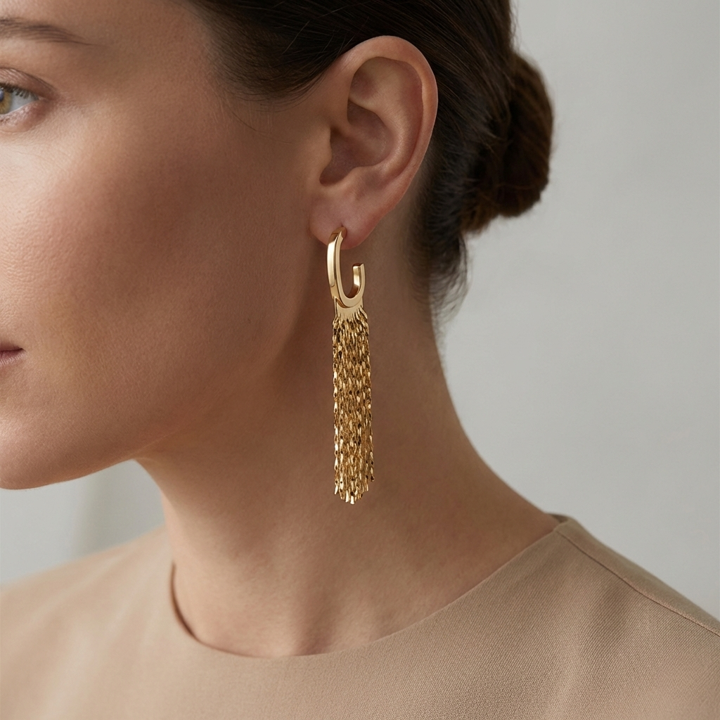 Earrings with G-shaped tassels, geometric earrings with tassels and European and American metal design, exuding a feeling of lightweight luxury and high quality (authentic gold-plated silver pins for long-lasting color retention).