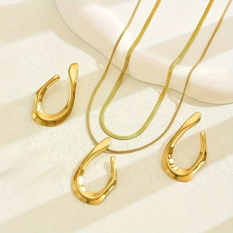 Conjunto Elegante de Brincos e Colar em Aço Inoxidável 316L | Banhado a Ouro 18K, Design Moderno e Polido, Ideal para Uso Diário e Ocasiões Especiais, Presente Perfeito para Festivais e Festas