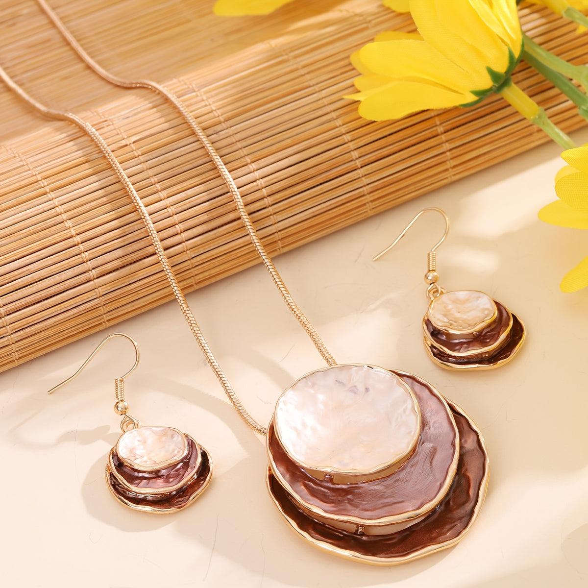 CRING COCO Conjunto de Joias Boémias de 3 Camadas Redondas em Liga de Zinco Esmaltada - Presente Elegante para Mulheres para o Dia dos Namorados, Festas e Feriados, Inclui Colar e Brincos, Joias de Festa|Estilo Boémio|Joias em Liga de Zinco