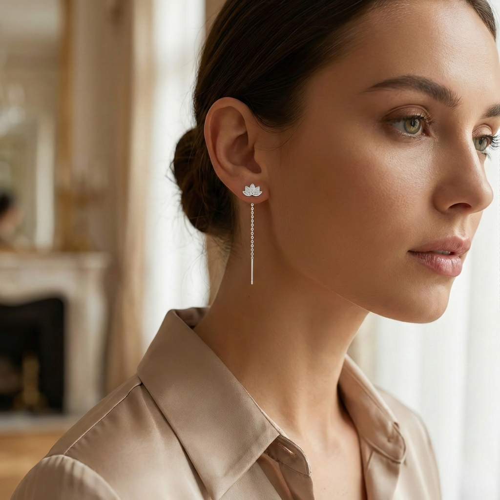Elegant Lotus Flower Tassel Earrings in S925 Silver