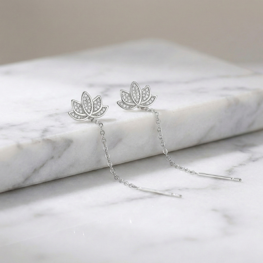 Elegant Lotus Flower Tassel Earrings in S925 Silver