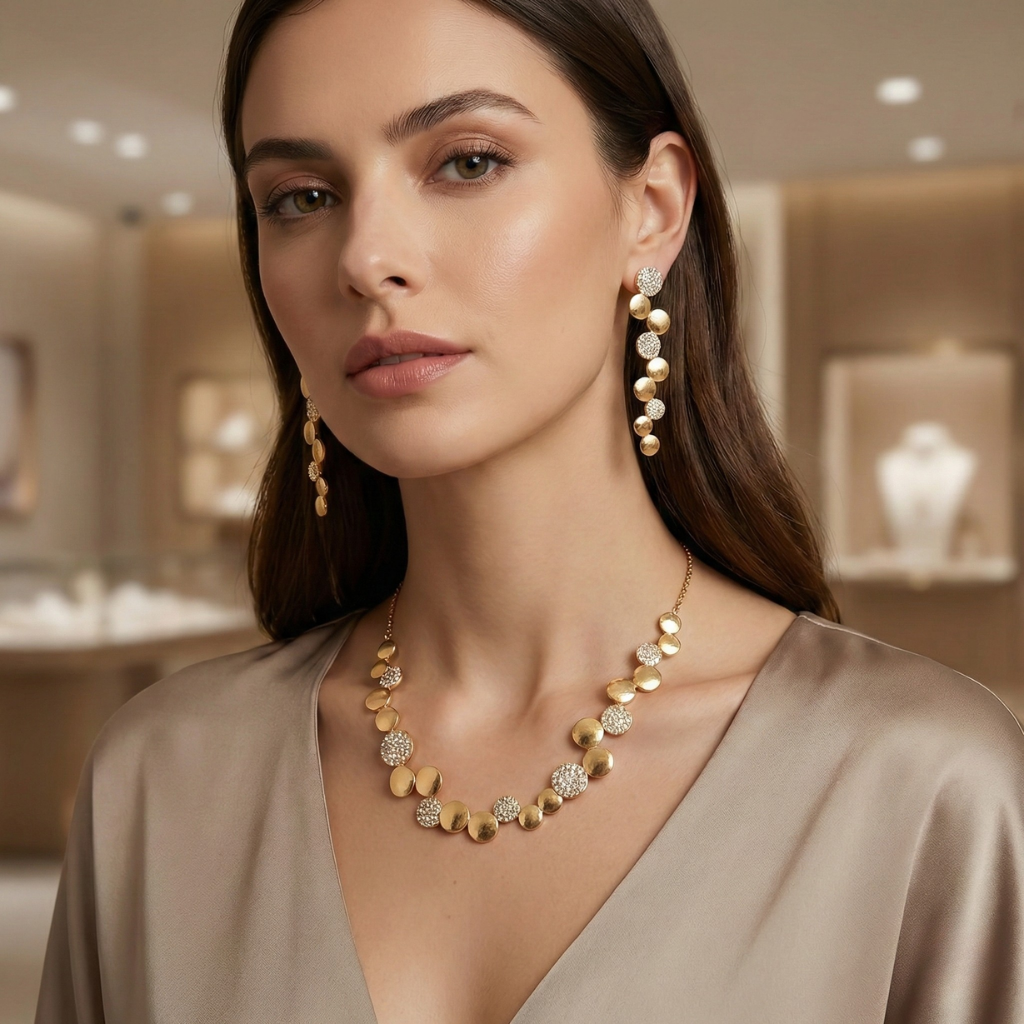 Conjunto de 2 Peças: Colar/Brincos Femininos Luxuosos e Elegantes com Degradê Dourado, Peça Redonda Irregular com Incrustação Brilhante e Super Cintilante, Estilo Boêmio com Colar de Corrente em Camadas e Peça Redonda Irregular, Acessórios de Joias Adequados para Festas Noturnas, Festas e Eventos