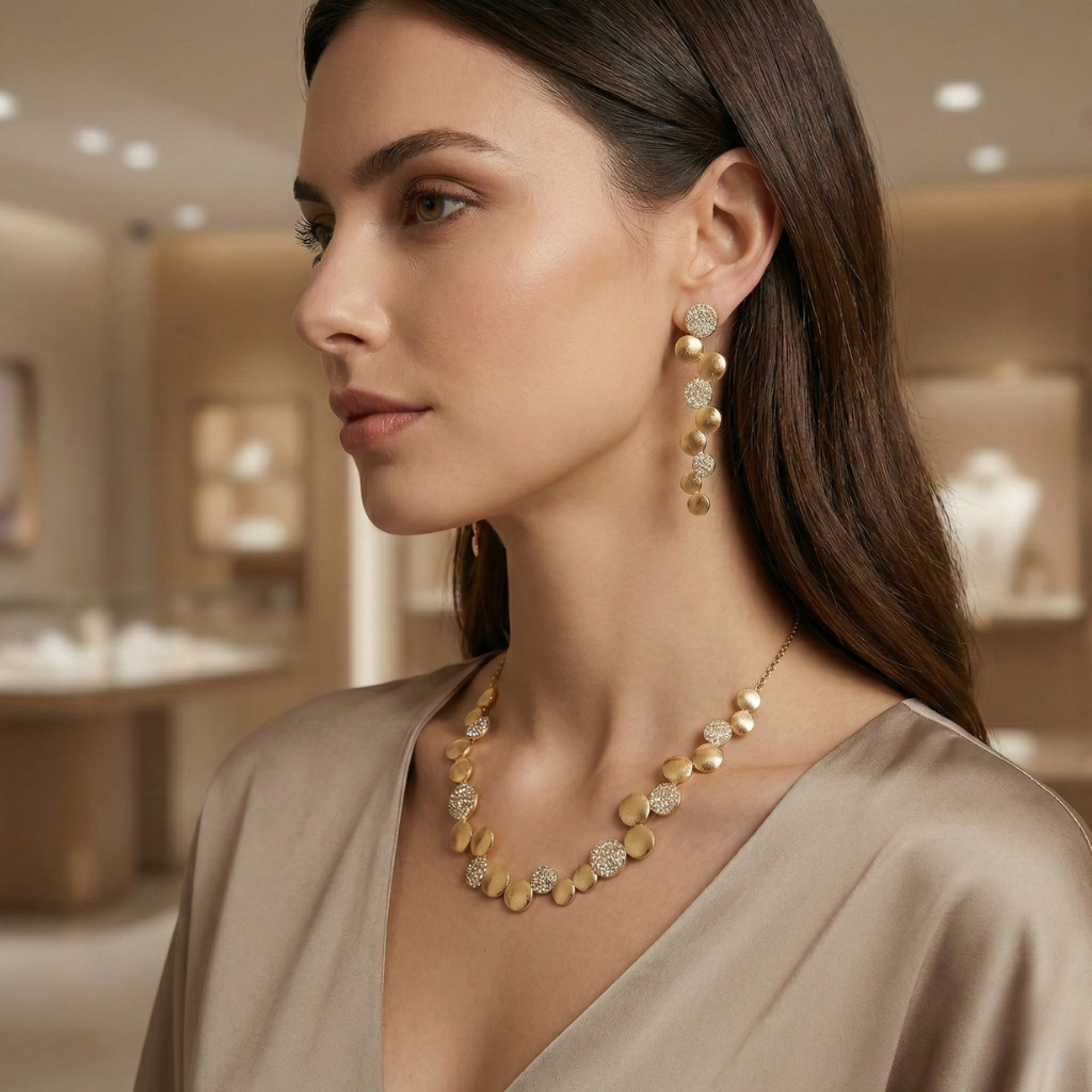 Conjunto de 2 Peças: Colar/Brincos Femininos Luxuosos e Elegantes com Degradê Dourado, Peça Redonda Irregular com Incrustação Brilhante e Super Cintilante, Estilo Boêmio com Colar de Corrente em Camadas e Peça Redonda Irregular, Acessórios de Joias Adequados para Festas Noturnas, Festas e Eventos