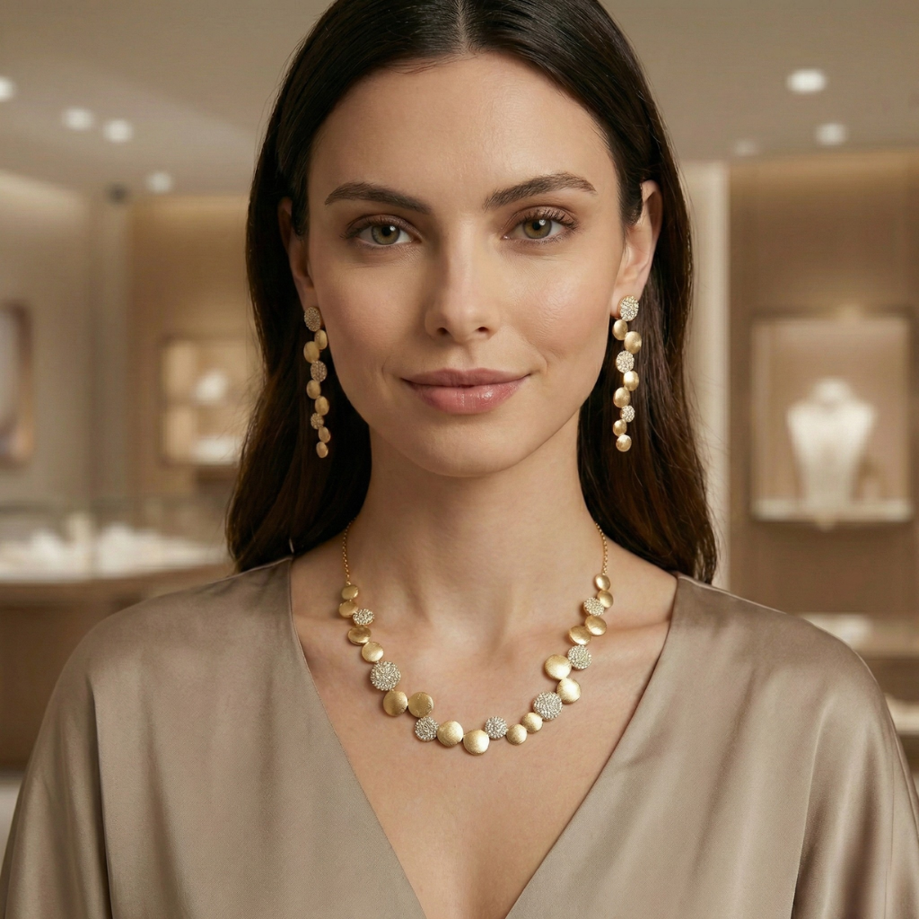 Conjunto de 2 Peças: Colar/Brincos Femininos Luxuosos e Elegantes com Degradê Dourado, Peça Redonda Irregular com Incrustação Brilhante e Super Cintilante, Estilo Boêmio com Colar de Corrente em Camadas e Peça Redonda Irregular, Acessórios de Joias Adequados para Festas Noturnas, Festas e Eventos