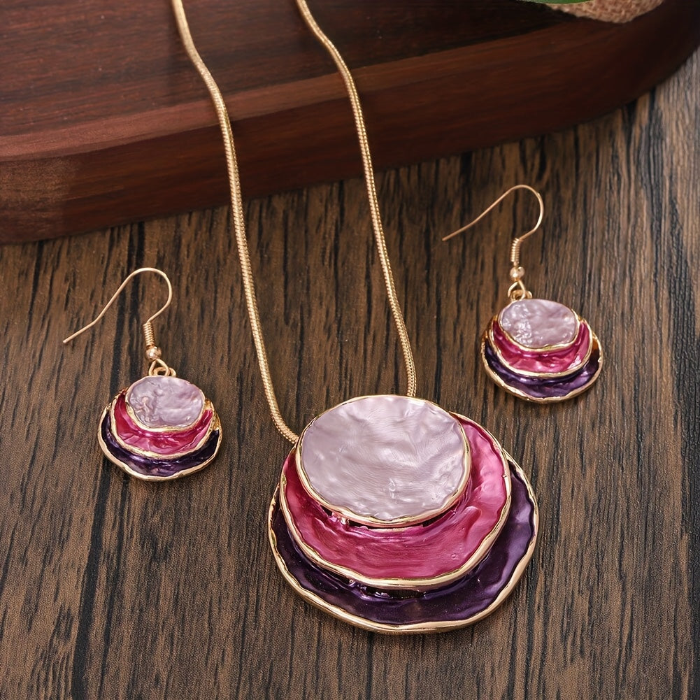 CRING COCO Conjunto de Joias Boémias de 3 Camadas Redondas em Liga de Zinco Esmaltada - Presente Elegante para Mulheres para o Dia dos Namorados, Festas e Feriados, Inclui Colar e Brincos, Joias de Festa|Estilo Boémio|Joias em Liga de Zinco