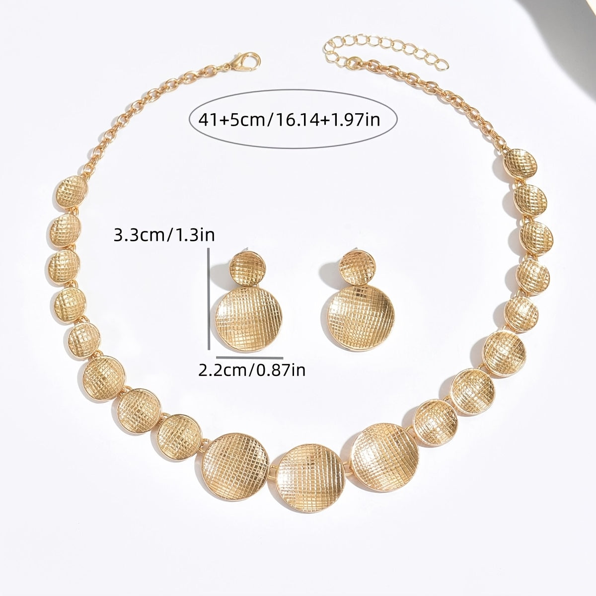 1 Conjunto de Joias Femininas Modernas: Colar de Contas Redondas com Textura Xadrez Metálica e Brincos Pingentes Simples com Peças Redondas Xadrez Concavas
