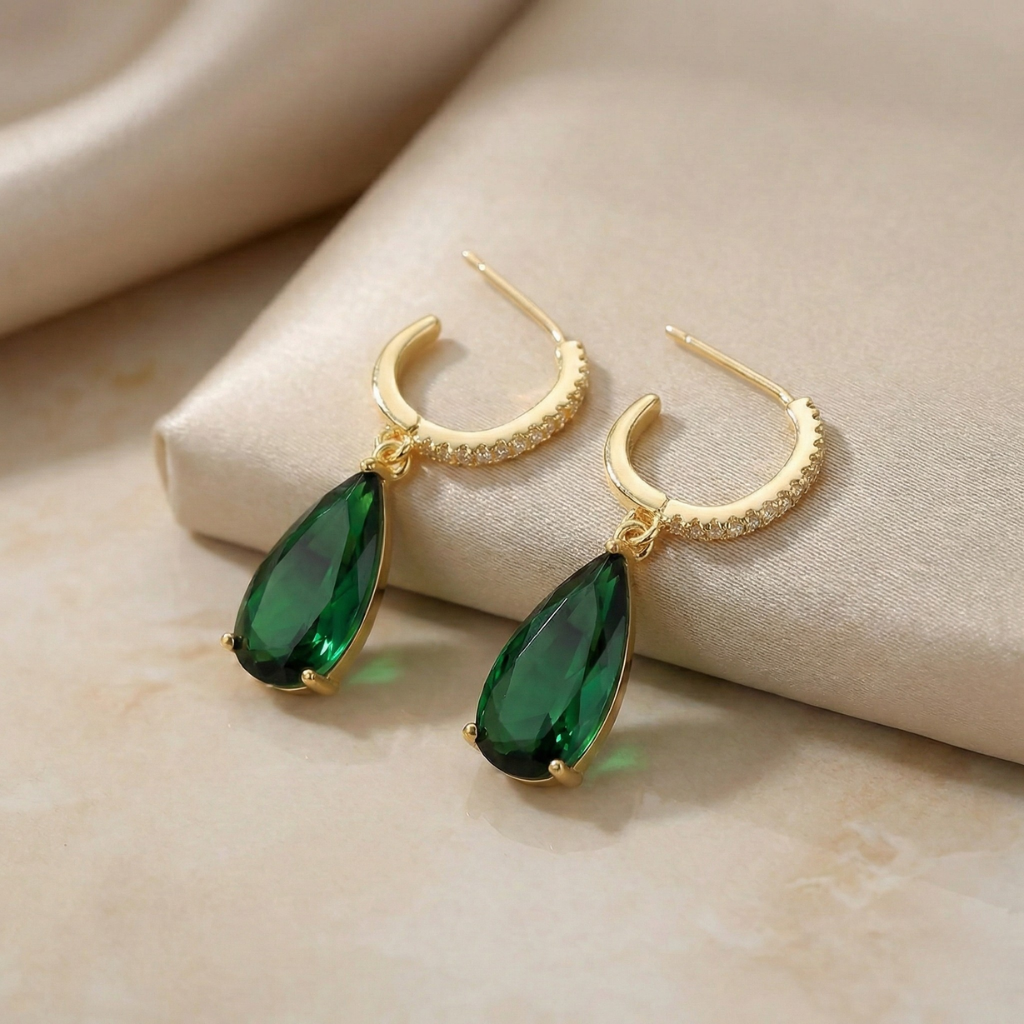 Elegant Vintage-Inspired Green Synthetic Zirconia Earrings for Women - Nickel and Copper Free, Perfect for Parties & Gifts, Teardrop Shape, Suitable for Holidays