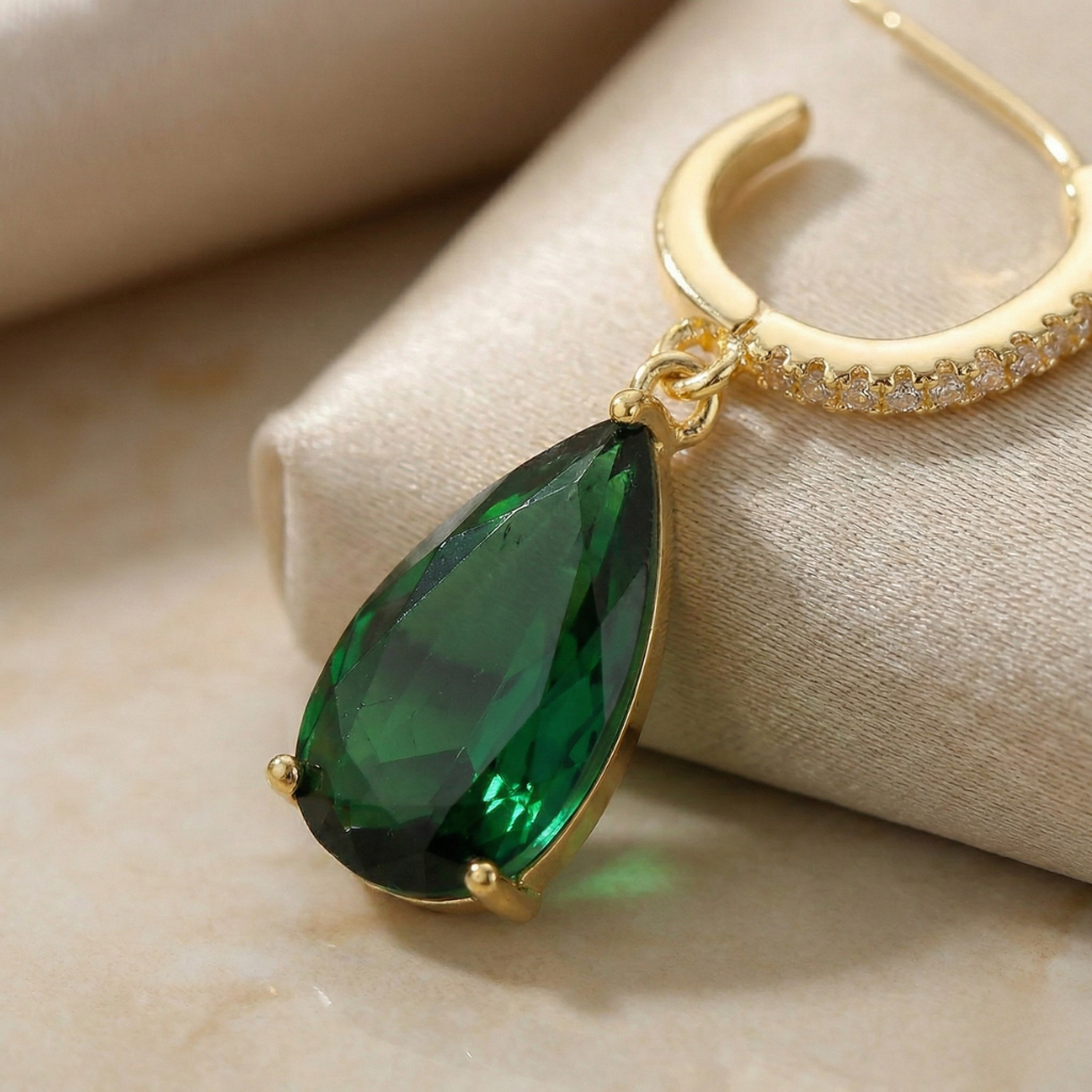 Elegant Vintage-Inspired Green Synthetic Zirconia Earrings for Women - Nickel and Copper Free, Perfect for Parties & Gifts, Teardrop Shape, Suitable for Holidays