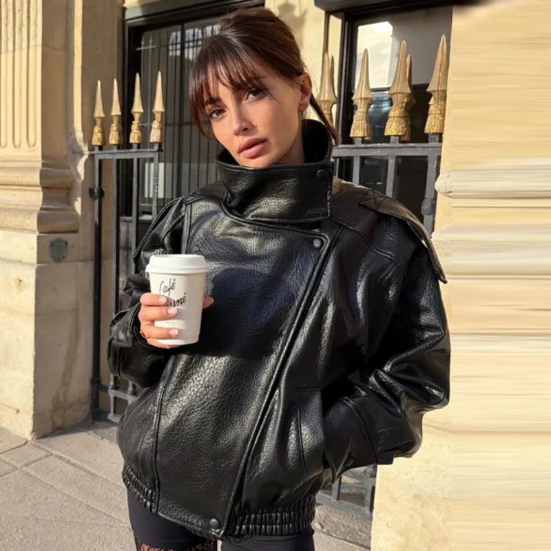 Cropped Faux Leather Bomber