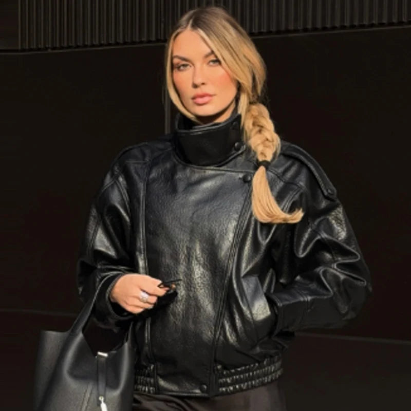 Cropped Faux Leather Bomber