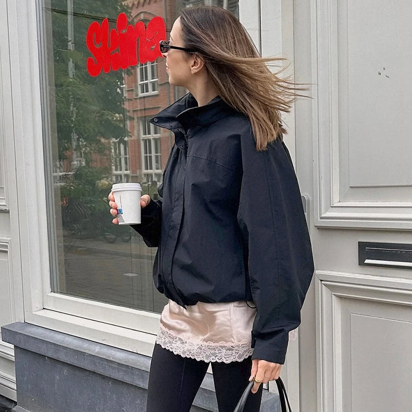 Red Funnel-Neck Zip Jacket
