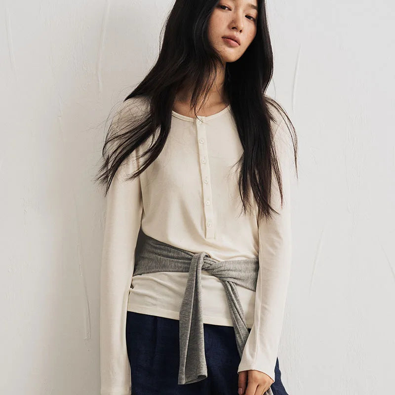 Silk-Wool Button Knit Top