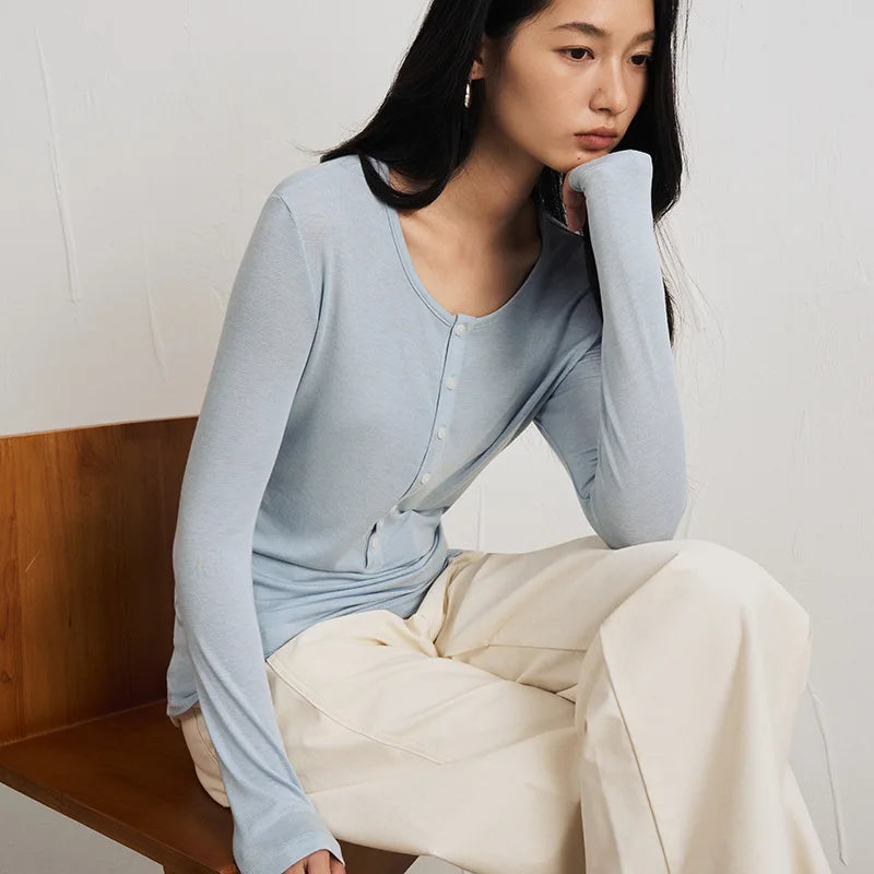 Silk-Wool Button Knit Top