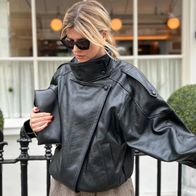 Cropped Faux Leather Bomber