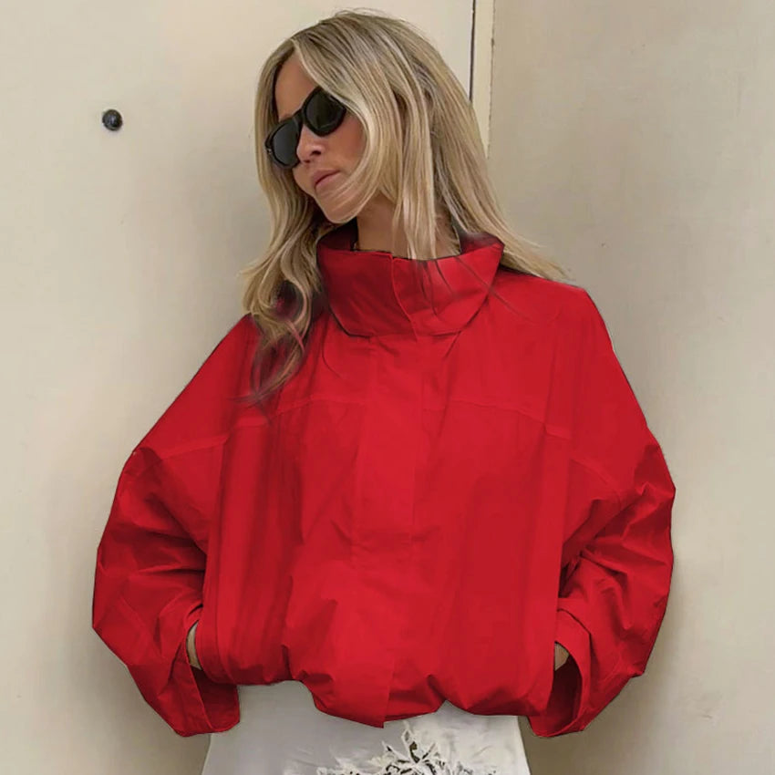 Red Funnel-Neck Zip Jacket