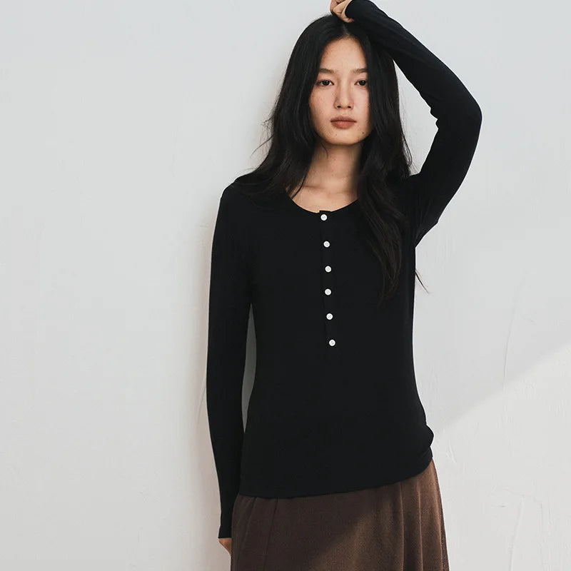 Silk-Wool Button Knit Top