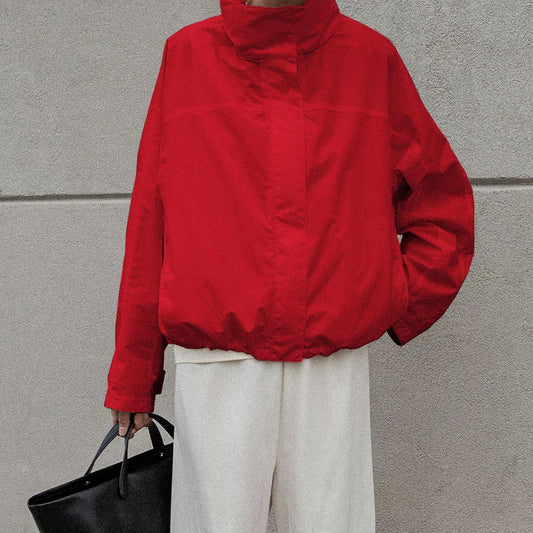 Red Funnel-Neck Zip Jacket