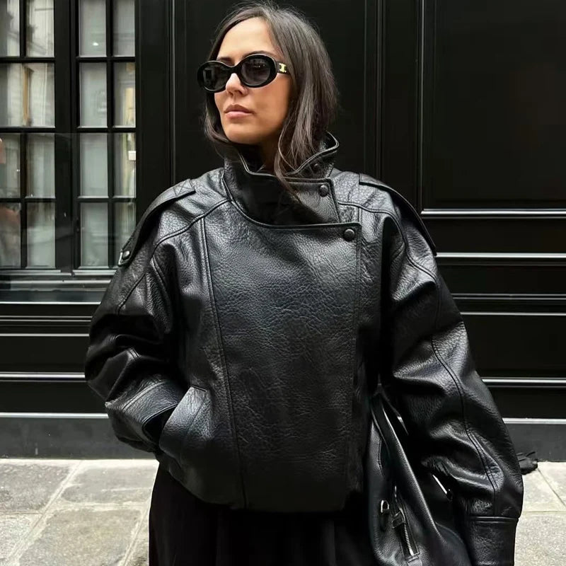 Cropped Faux Leather Bomber