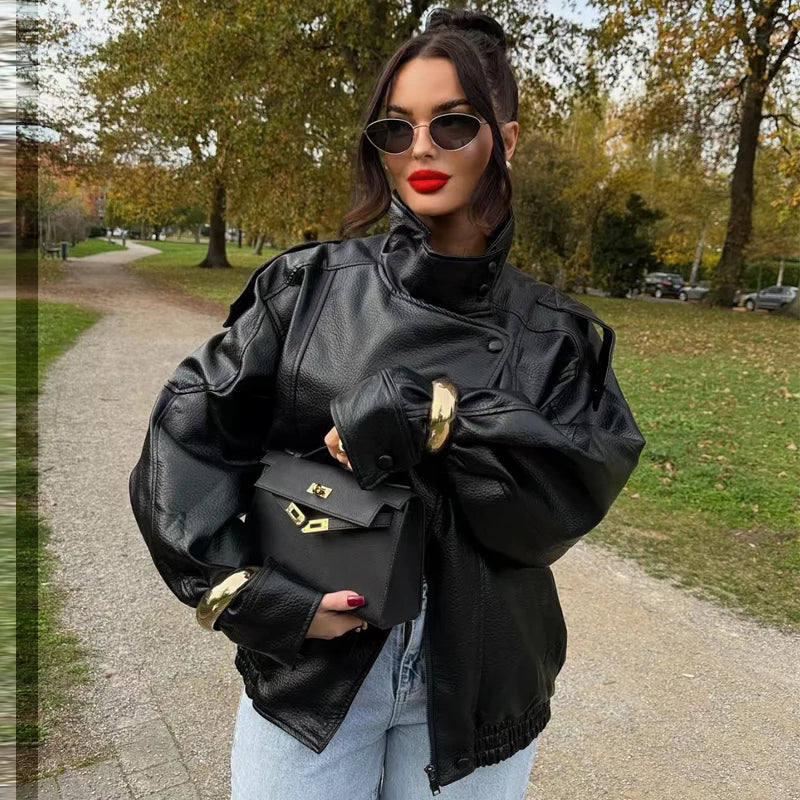 Cropped Faux Leather Bomber
