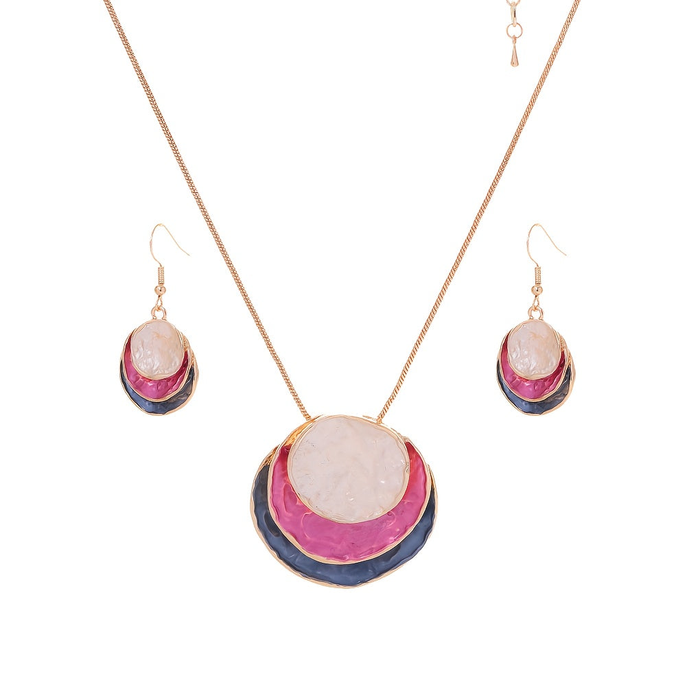 CRING COCO Conjunto de Joias Boémias de 3 Camadas Redondas em Liga de Zinco Esmaltada - Presente Elegante para Mulheres para o Dia dos Namorados, Festas e Feriados, Inclui Colar e Brincos, Joias de Festa|Estilo Boémio|Joias em Liga de Zinco