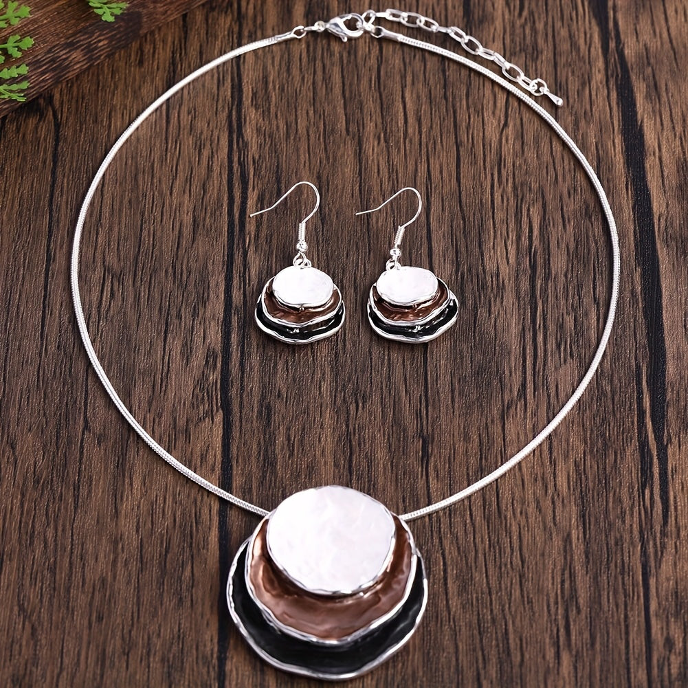 CRING COCO Conjunto de Joias Boémias de 3 Camadas Redondas em Liga de Zinco Esmaltada - Presente Elegante para Mulheres para o Dia dos Namorados, Festas e Feriados, Inclui Colar e Brincos, Joias de Festa|Estilo Boémio|Joias em Liga de Zinco
