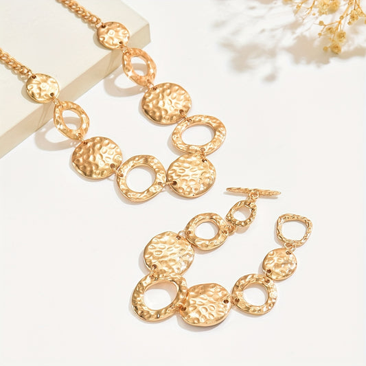 Conjunto de 1 com 2 peças de Colar e Pulseira Redondo Geométrico de Moda Boêmia Vintage, um Conjunto de Joias Único, de Nicho, de Luxo Leve, Versátil, Elegante e Sofisticado. Um Presente para o Dia dos Namorados, Dia das Mães, Dia da Mulher, Temporada de Casamentos e Ação de Graças. Adequado para