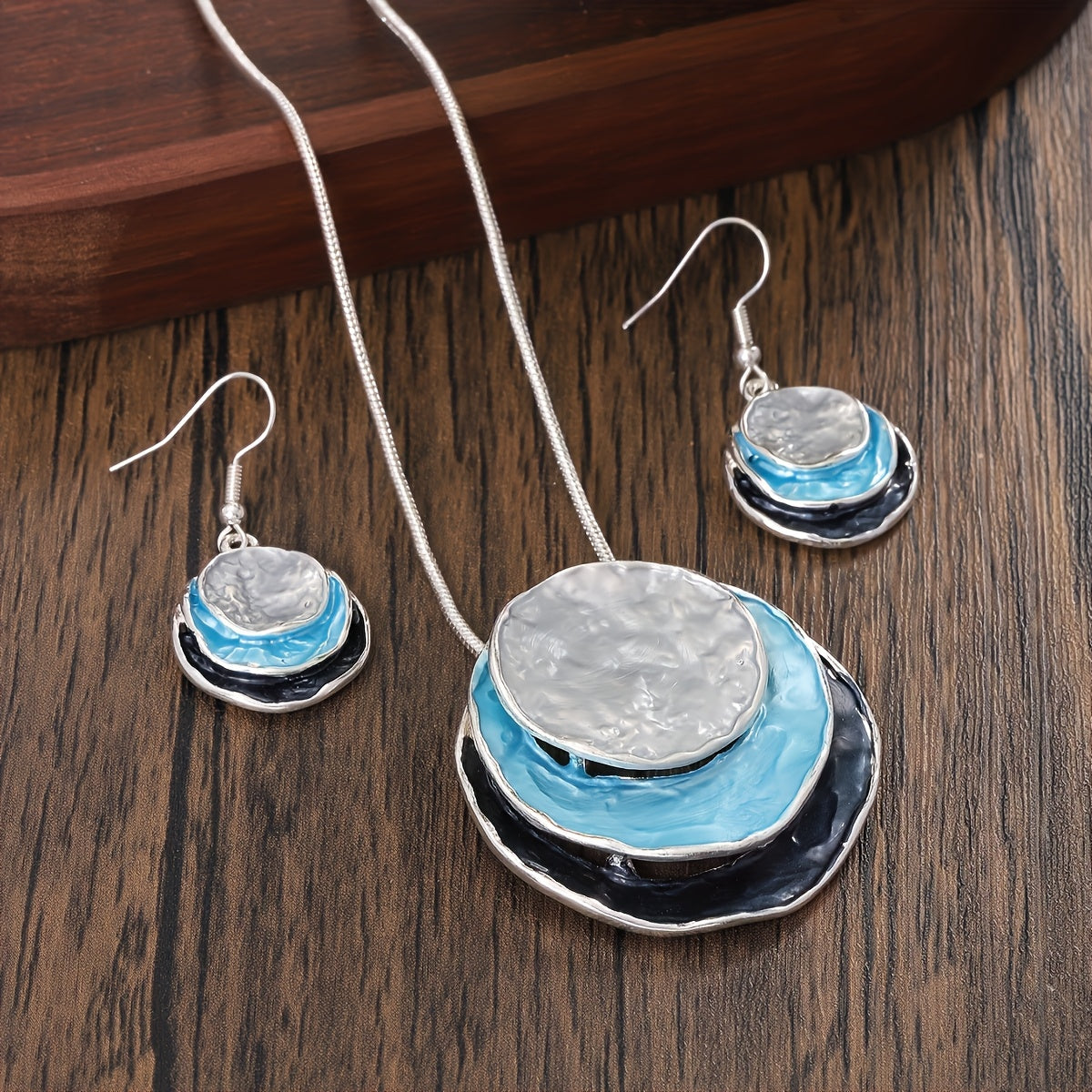 CRING COCO Conjunto de Joias Boémias de 3 Camadas Redondas em Liga de Zinco Esmaltada - Presente Elegante para Mulheres para o Dia dos Namorados, Festas e Feriados, Inclui Colar e Brincos, Joias de Festa|Estilo Boémio|Joias em Liga de Zinco